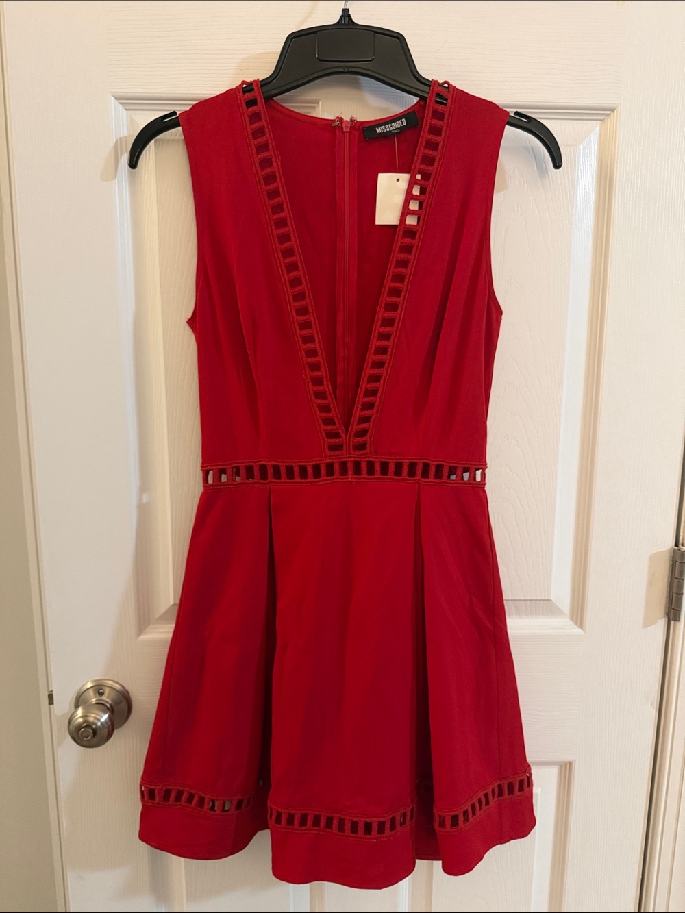 Missguided Red Ladder Stitch Skater Dress with Deep V-Neck Fit & Flare